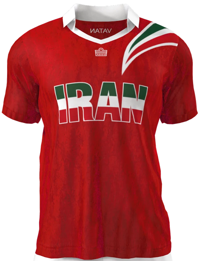 Red retro Iran jersey with white collar and teal-and-white shoulder graphic